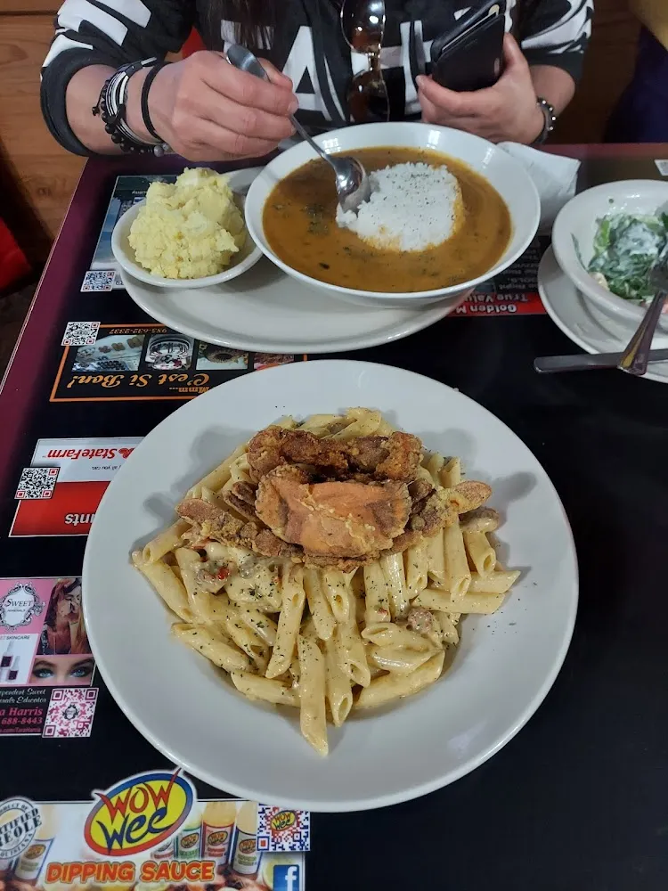 Soft Shell Crab Pasta and Crawfish Etoufee w Potato Salad